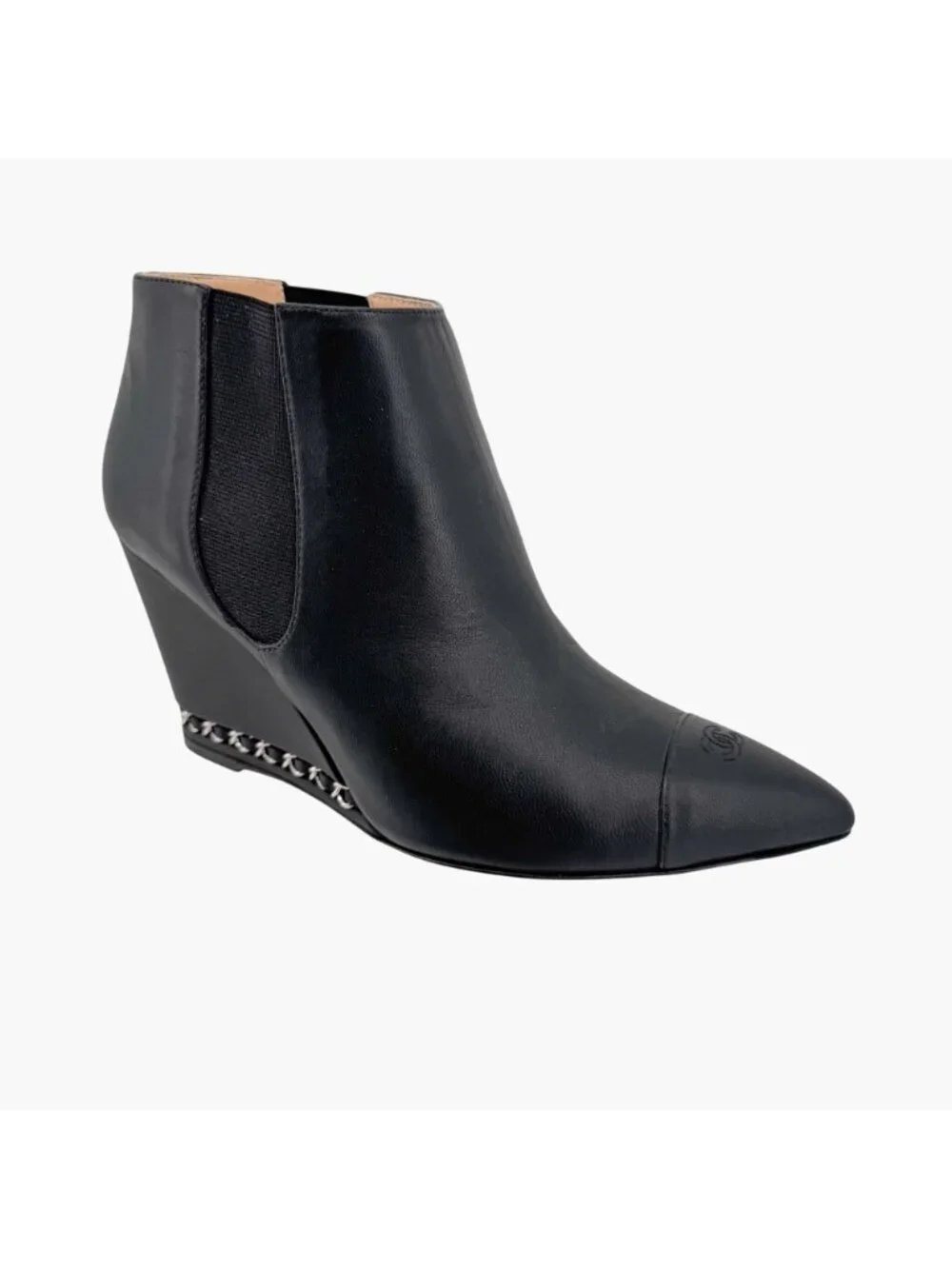 Chanel CC Black Leather Pointed Chain Wedge Ankle Boot Bootie Size 39.5 US 8.5-9